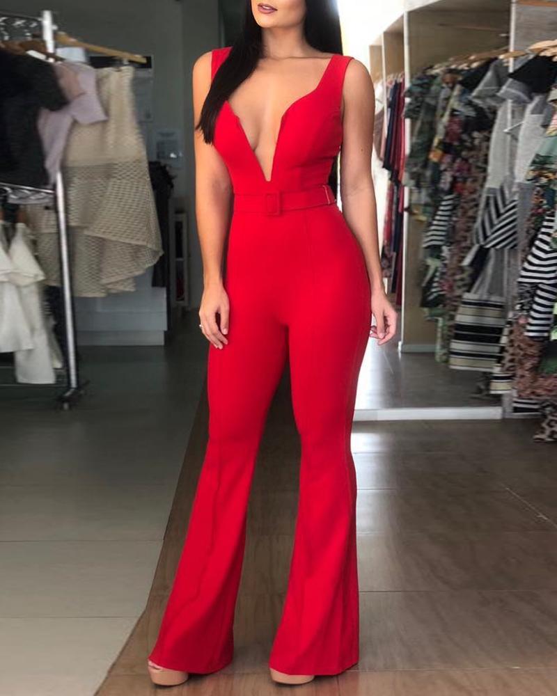 

Spaghetti Strap V-Cut Bell-Bottom Jumpsuits, Red
