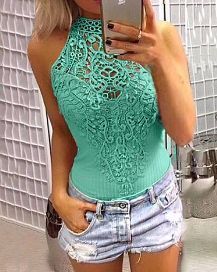 

Sexy Hollow Out Lace Crochet Slinky Bodysuit, Green