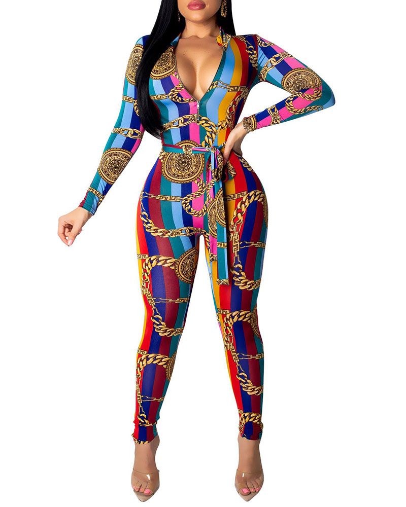 

Tribal Print Slim Fit Jumpsuit, Red