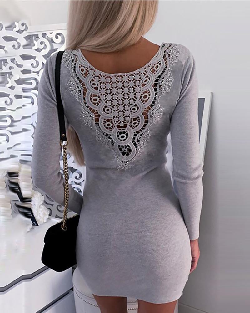 

Solid Lace Hollow Out Bodycon Dress, Gray