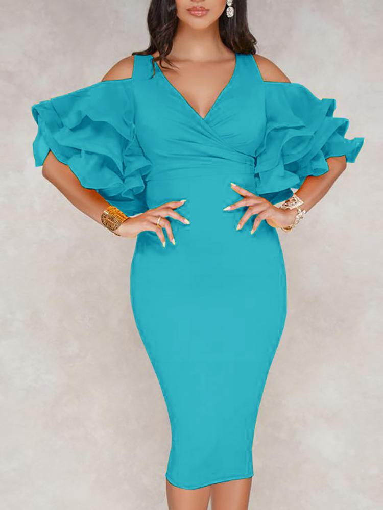 

Solid Cold Shlouder Ruffle Sleeve Midi Dress