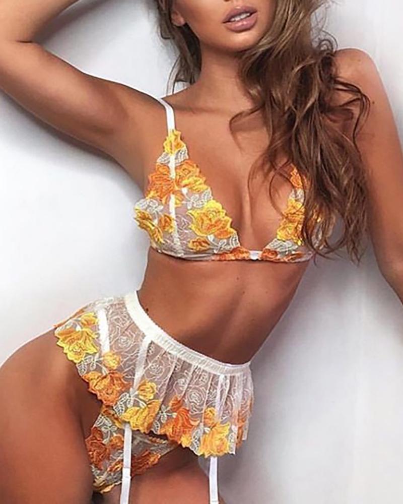

Floral Embroidery Sheer Mesh Bowknot Bra Set, Yellow