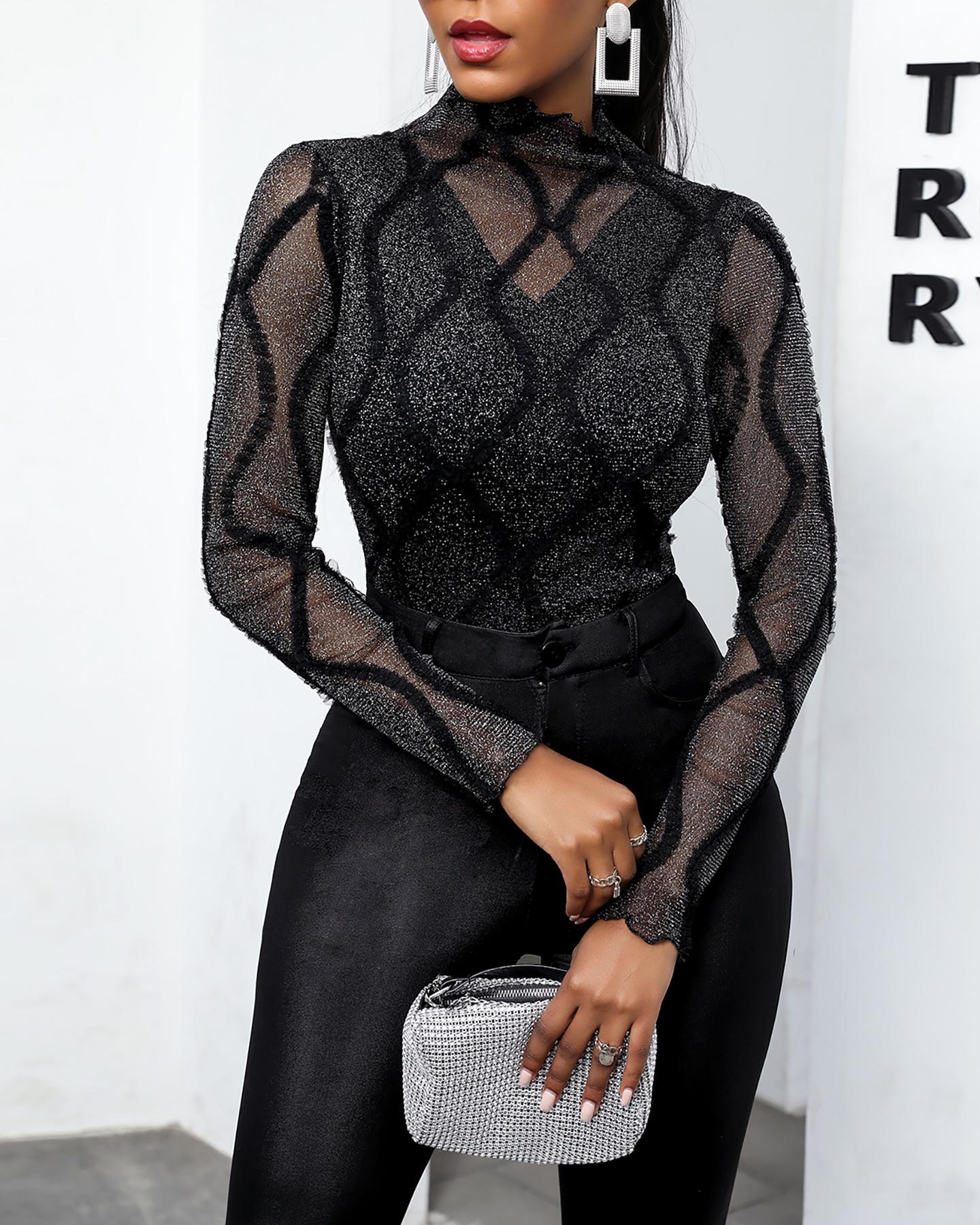 

Glitter Mesh Long Sleeve Top, Black