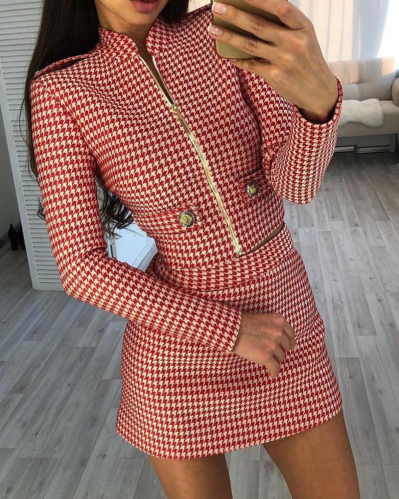 

Houndstooth Zipper Design Coat & High Waist Skirt Set, Red