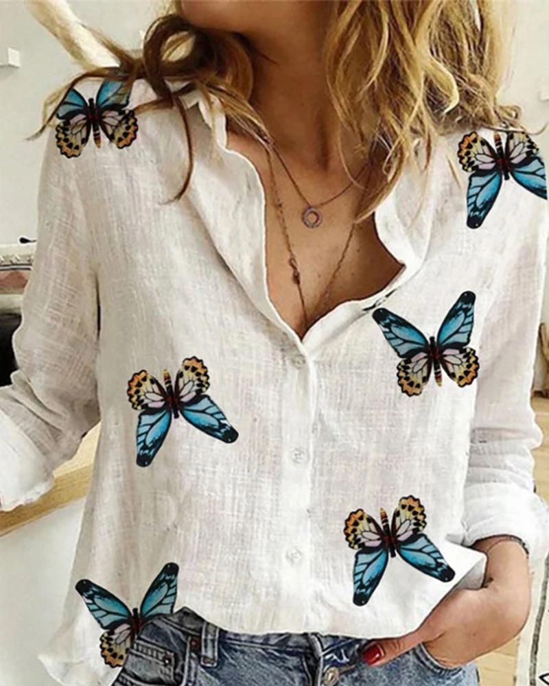 

Butterfly Print Button Design Casual Shirt, White