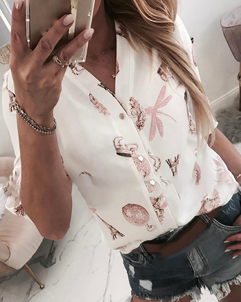 

V-Neck Print Three Quarter Sleeve Casual Shirt, White