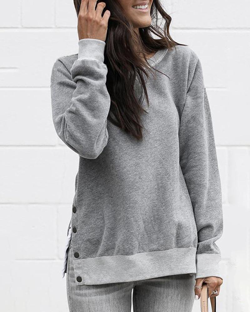 

Button Slit Side Long Sleeve Sweatshirt, Gray