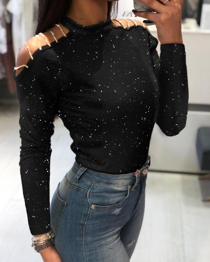 

Cold Shoulder Glitter Ladder Cutout Blouse, Black