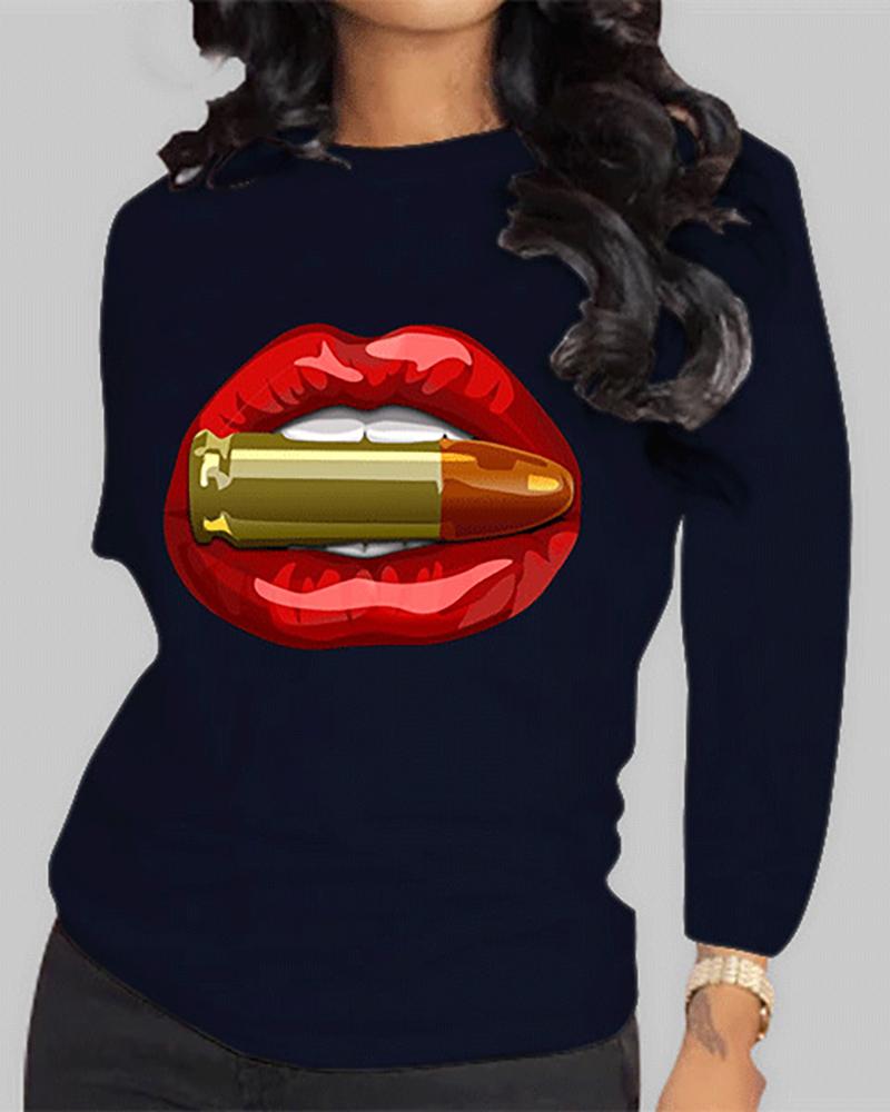 

Lip Print Long Sleeve Casual T-shirt, Dark blue