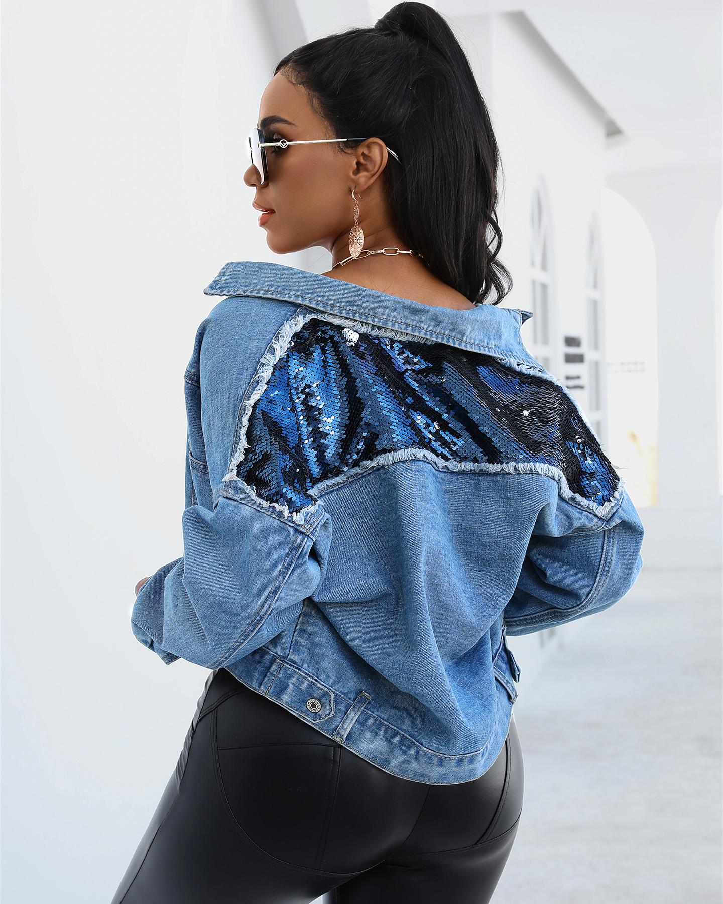 

Sequins Fringe Hem Denim Coat, Blue