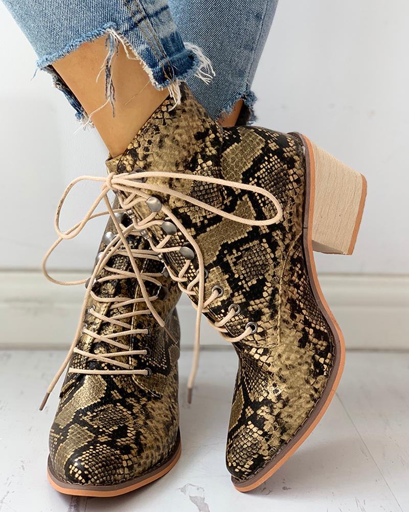 

Pointed Toe Lace-up Snakeskin Chunky Heeled Boots, Yellow