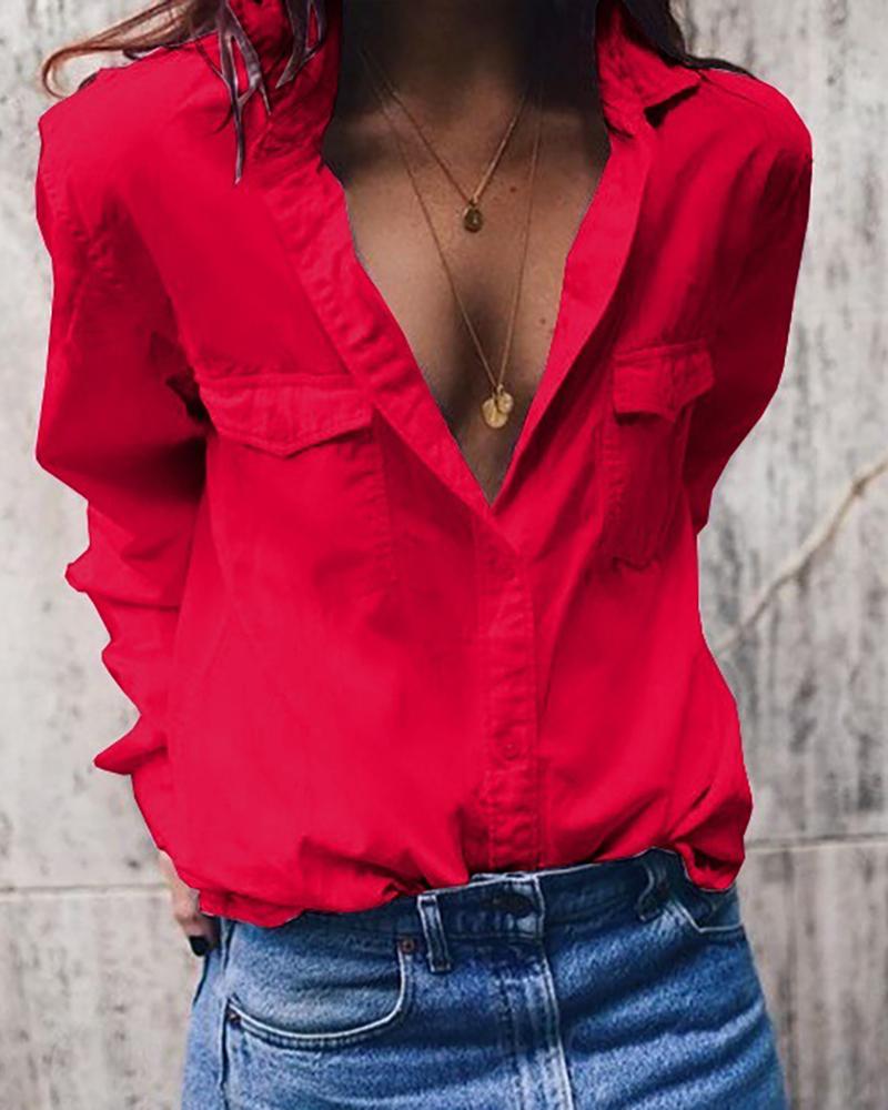 

Solid Bottoned Design Pockets Shirt, Red