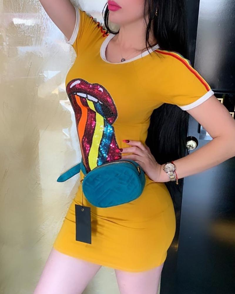 

Lip Pattern Sequins Short Sleeve Bodycon Dress, Yellow