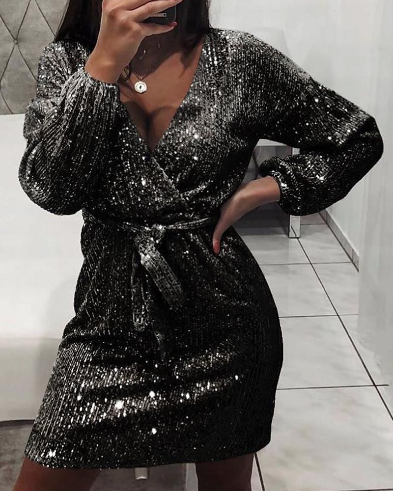 

Sequined V Neck Wrap Dress