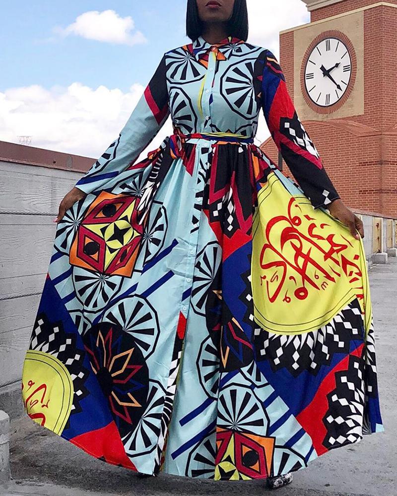 

Abstract Print Long Sleeve Shirt Maxi Dress, Multicolor
