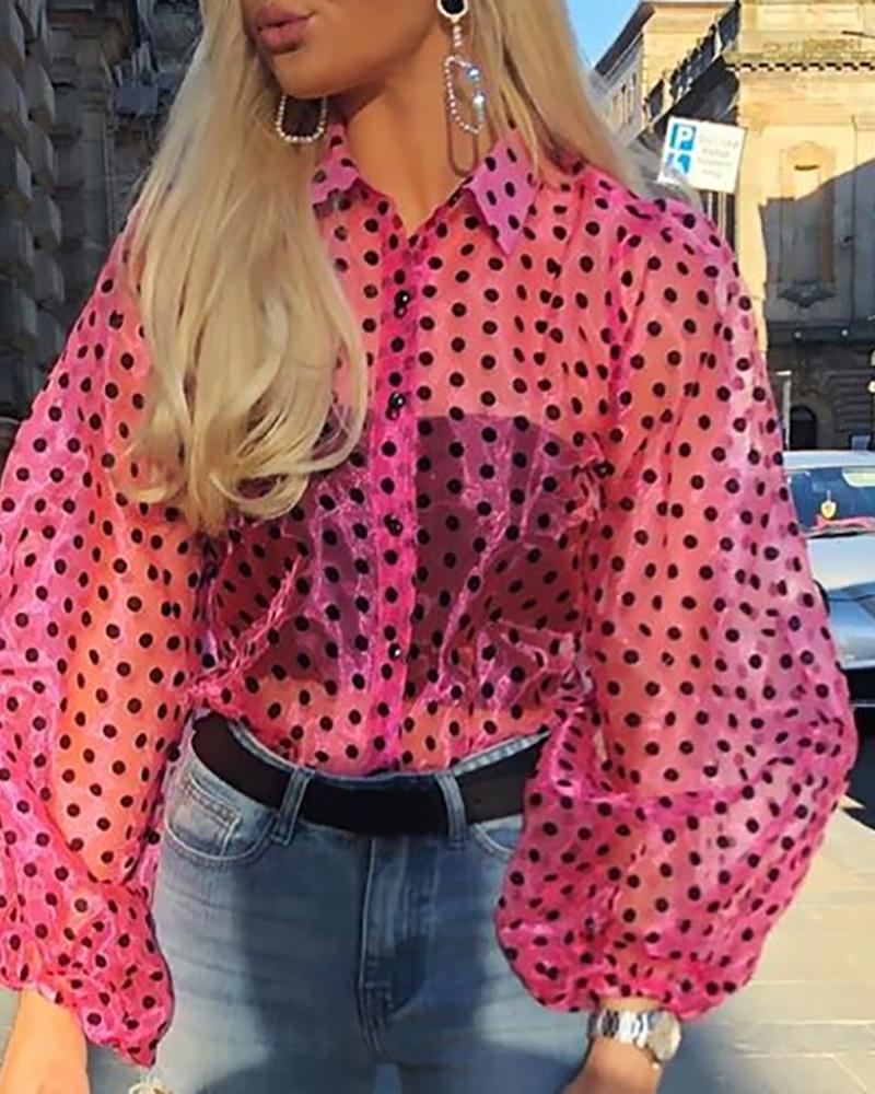 

Mesh Polka Dot Puff Sleeve Top, Hot pink