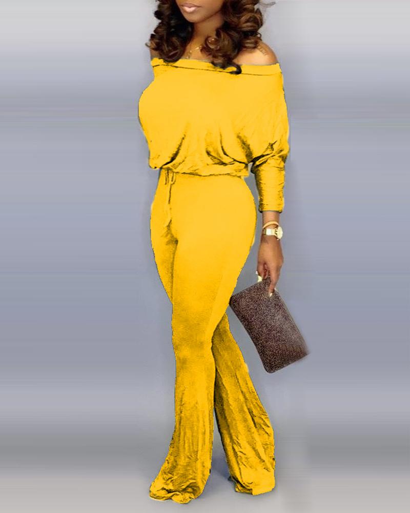 

Skew Neck Batwing Sleeve Drawstring Bell-bottom Jumpsuit, Yellow