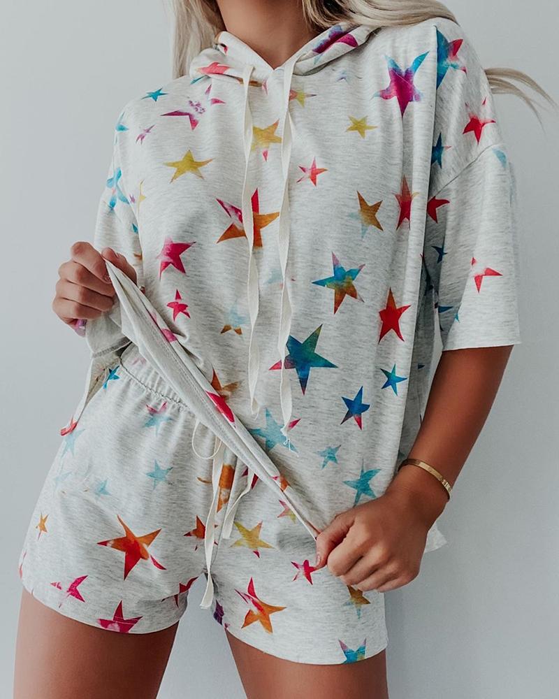 

Stars Print Hooded Top & Shorts Set, White