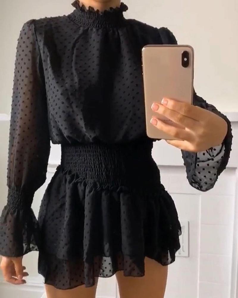 

Dot Mesh Long Sleeve Frill Hem Dress, Black