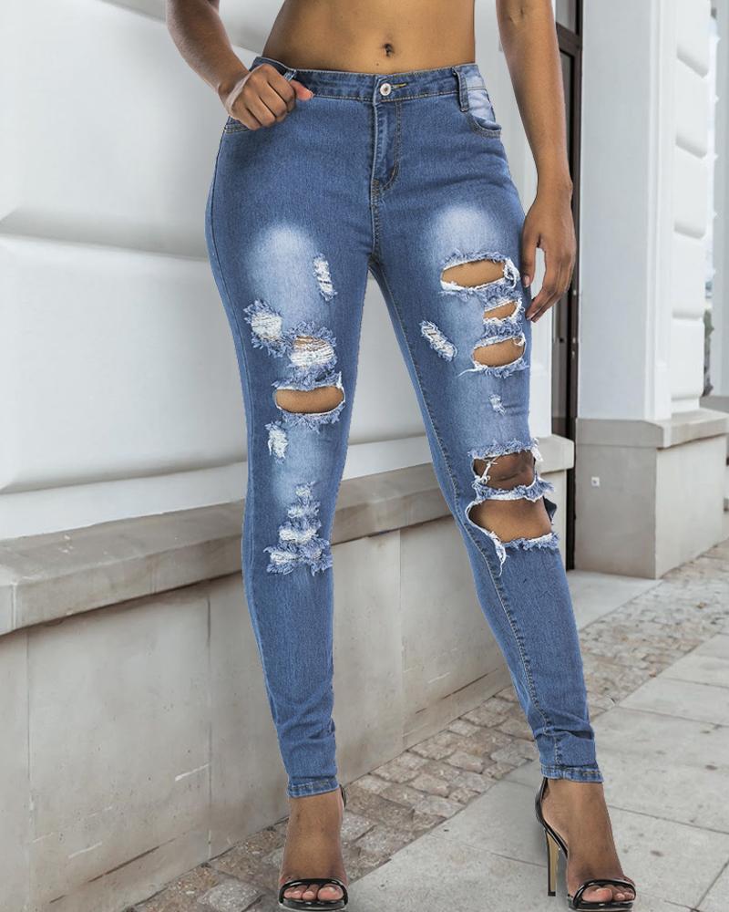

Cutout Ripped Casual Jeans, Blue