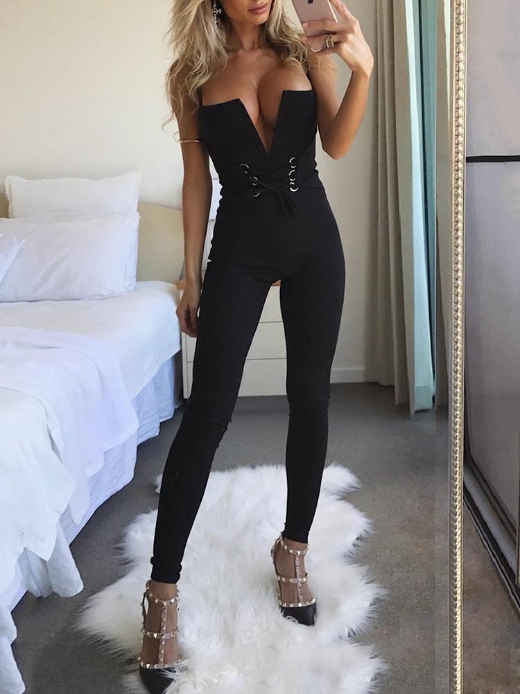 

Black Plunge Lace-Up Waist Petite Jumpsuit