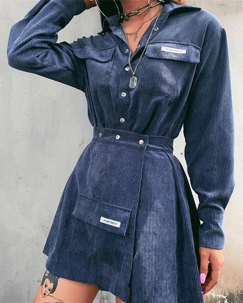 

Turn-down Collar Pocket Buttoned Shirt & Skirt Sets, Dark blue