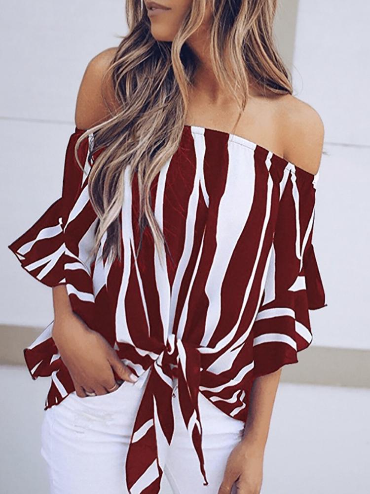 

Striped Knot Front Flared Sleeve Bardot Blouse