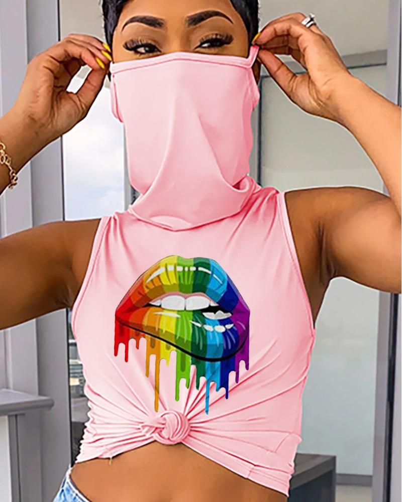 

Lip Print Tank Top With Ear Loop Bandana, Pink