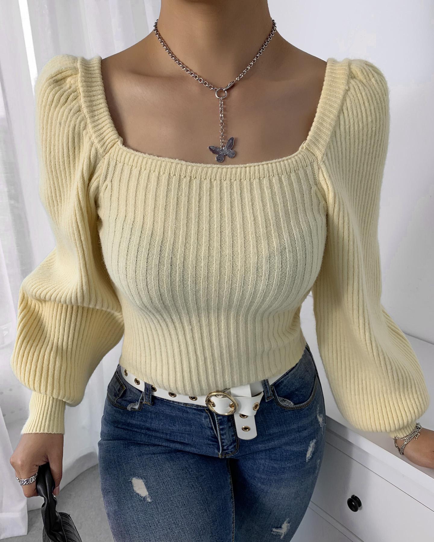 

Puff Lantern Sleeve Knit Sweater, Apricot