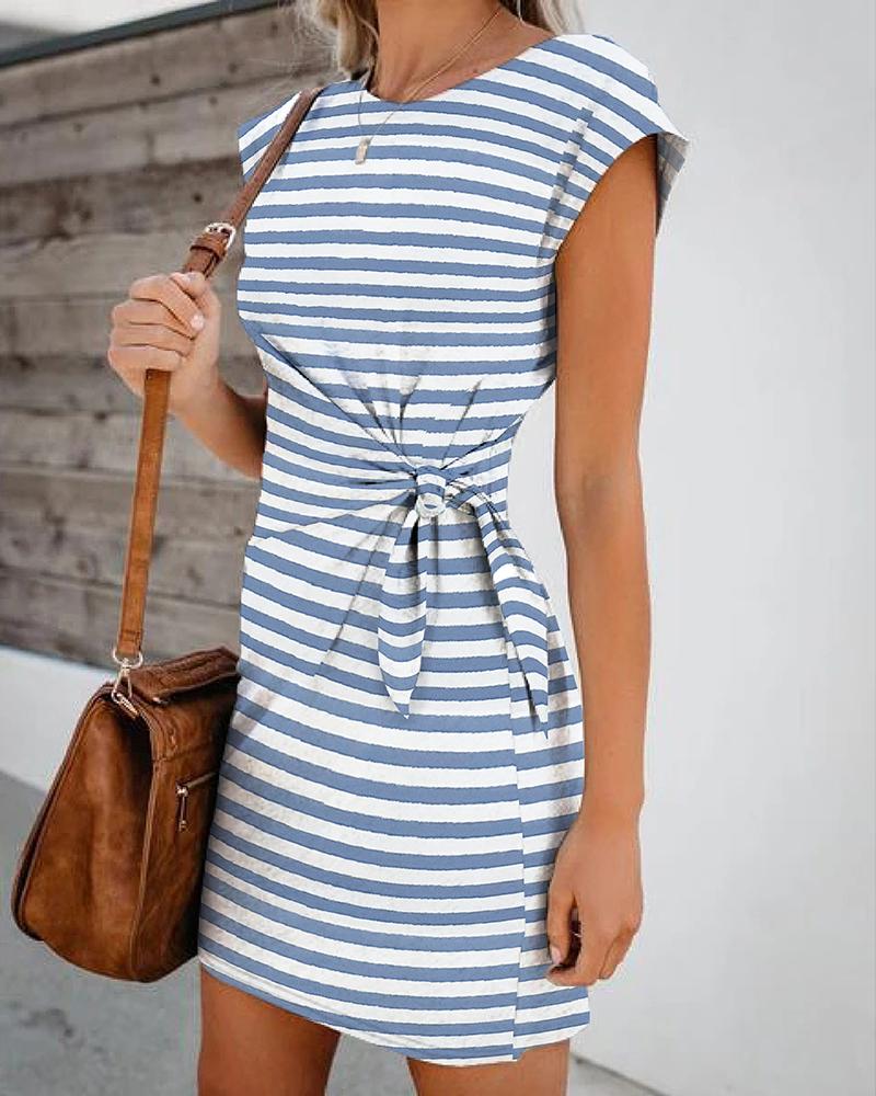 

Short Sleeve Striped Knotted Casual Dress, Blue