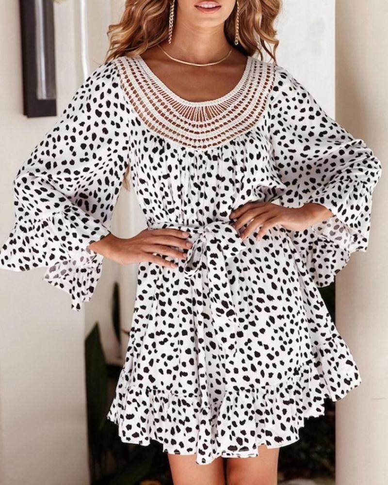 

Splicing Print Long Sleeve Dress, White