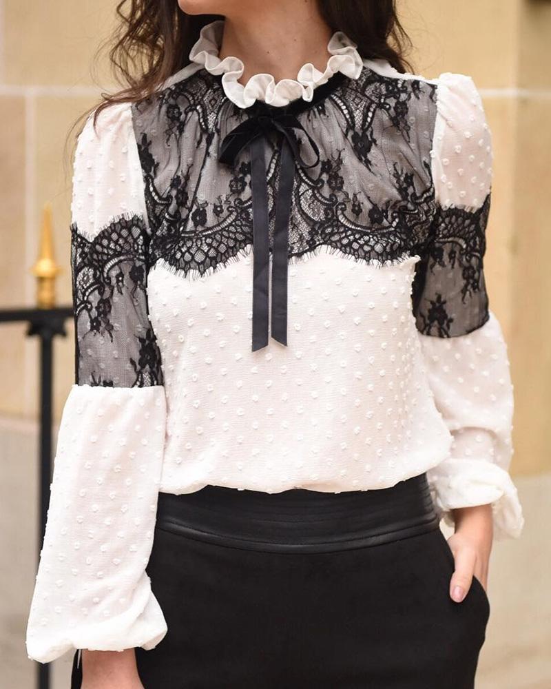 

Eyelash Lace Insert Frill Hem Casual Blouse