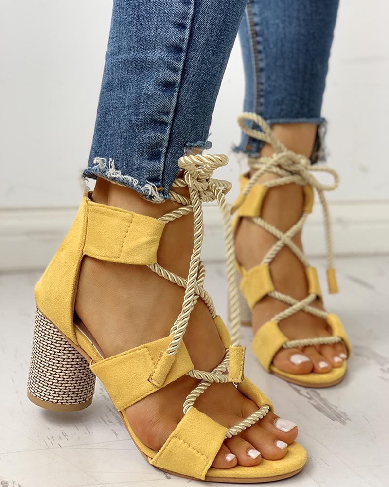 

Colourblock Lace-up Chunky Heels Open Toe Sandals, Yellow