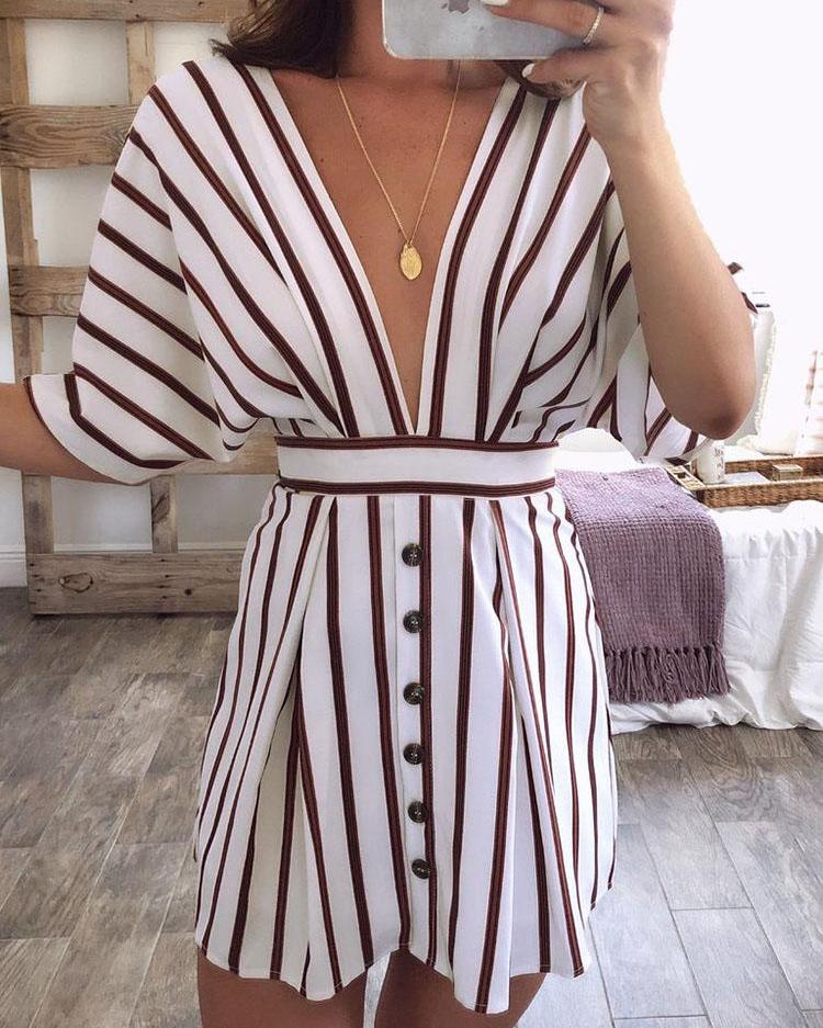 

Stripes Plunge Neck Open Back Casual Dress, White