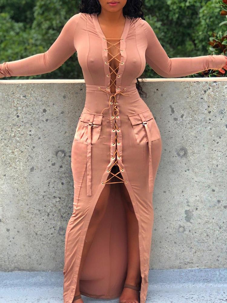 

Eyelet Lace-Up Pocket Design Slit Bodycon Dress, Pink