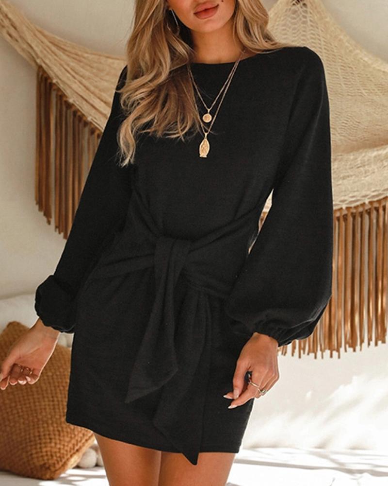 

Plain Long Sleeve Tie Waist Dress, Black