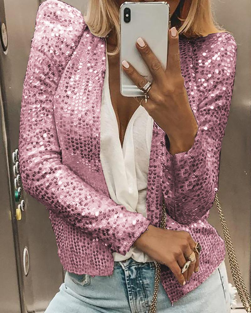 

Glitter Open Front Puff Sleeve Sequins Coat, Pink