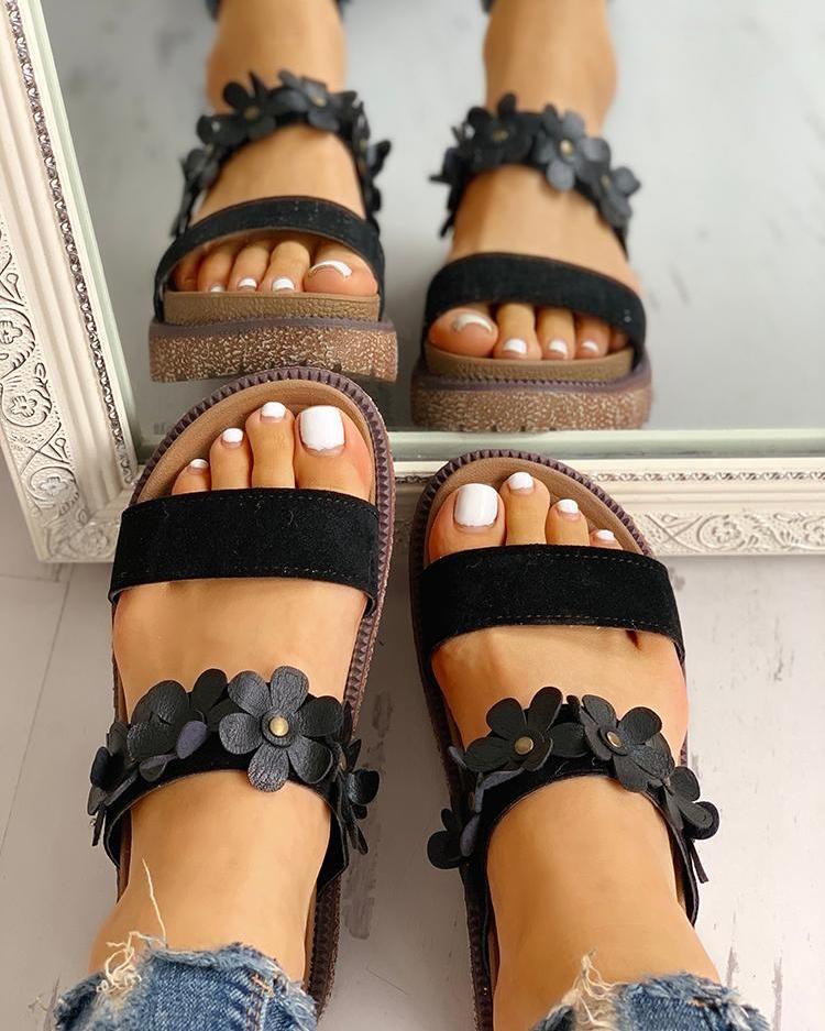 

Floral Embellished Open Toe Flat Sandals, Black
