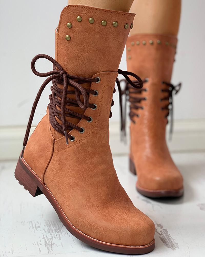 

Solid PU Lace-Up Chunky Heeled Boots, Brown