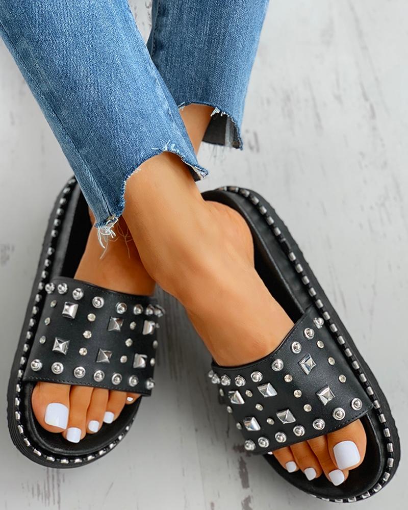 

Rivet Open Toe Platform Sandals, Black