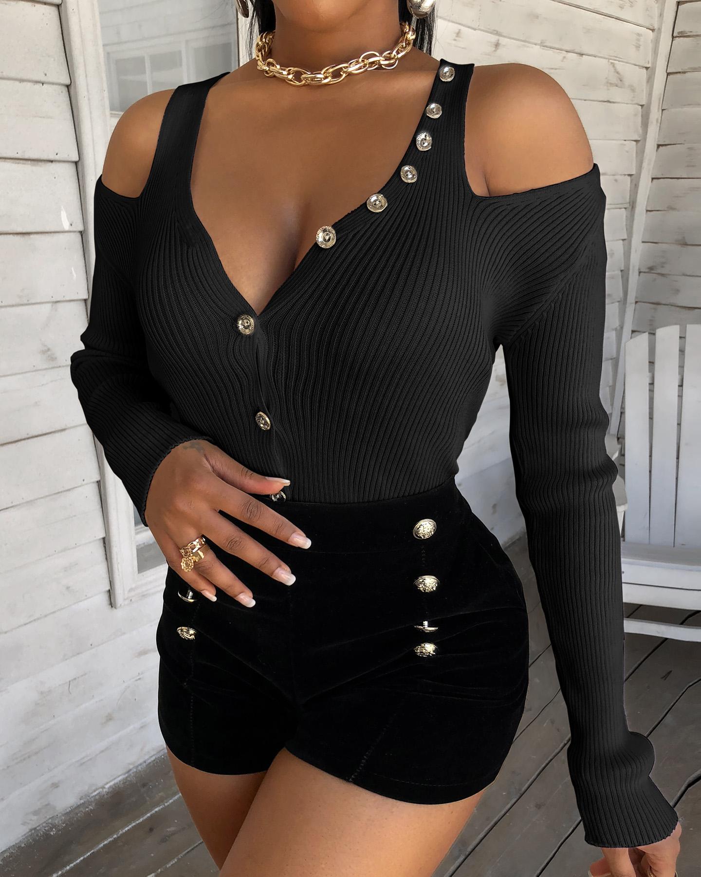 

Cold Shoulder Buttoned Knit Top, Black