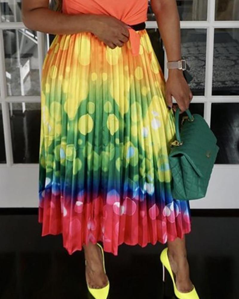 

High Waist Colorful Print Pleated Skirts, Multicolor