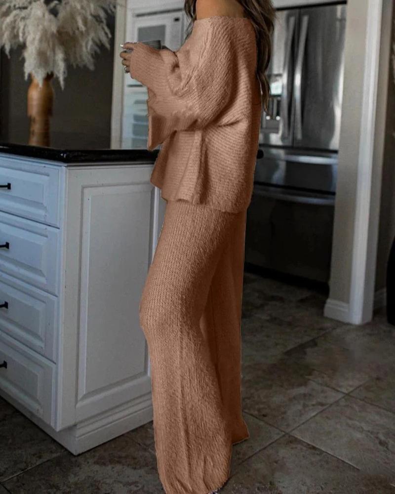 

Fluffy Plain Long Sleeve Top & Pants Set, Brown