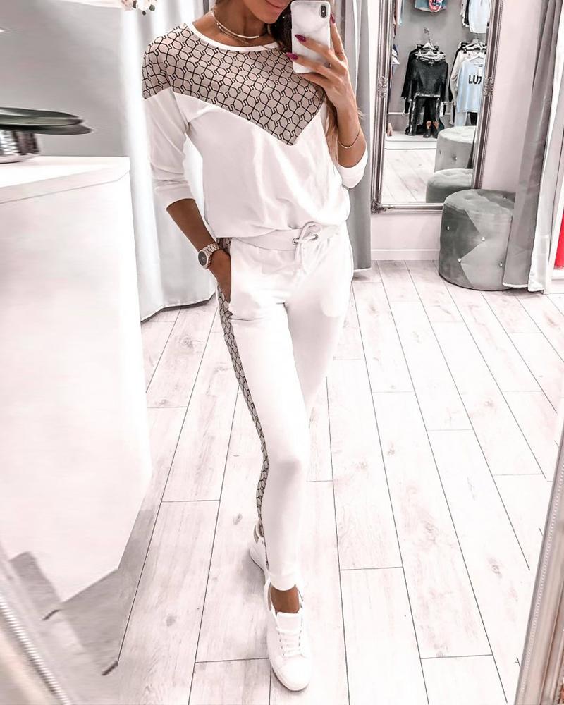 

Colorblock Long Sleeve Top & Drawstring Pants Sets, White