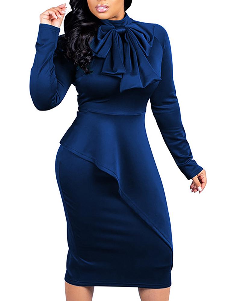 

Solid Bowknot Neck Ruffles Bodycon Dress, Blue