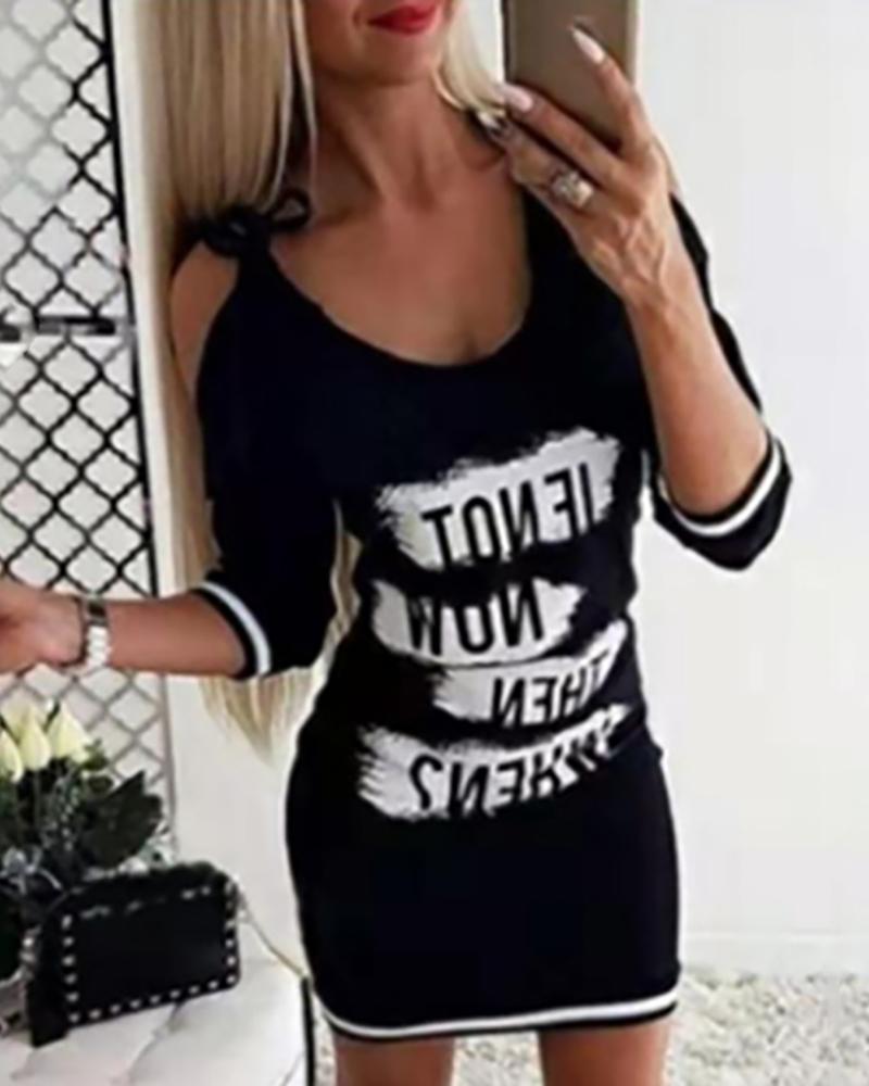 

Tied Strap Letter Print Casual Dress, Black