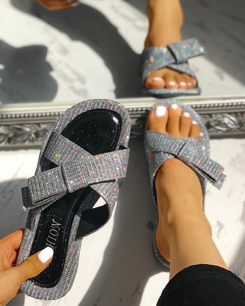 

Studded Bowknot Design Flat Slipper Sandals, Silver
