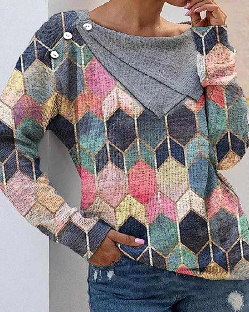 

Colorblock Buttoned Long Sleeve Top, Multicolor