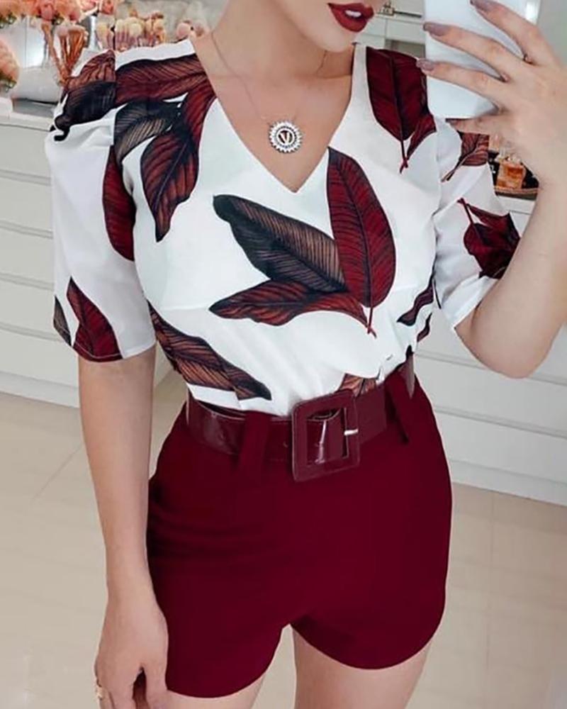 

Leaf Print Short Sleeve Top & Short Sets, Dark red