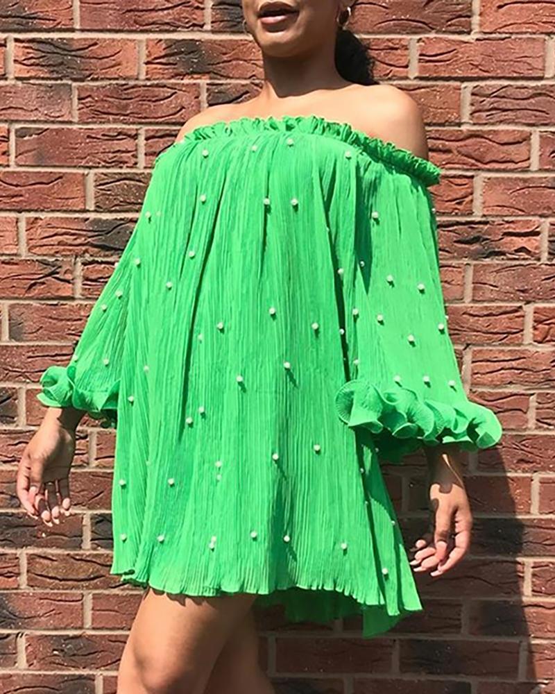 

Off Shoulder Beaded Detail Bell Sleeve Ruffles Dress, Light green